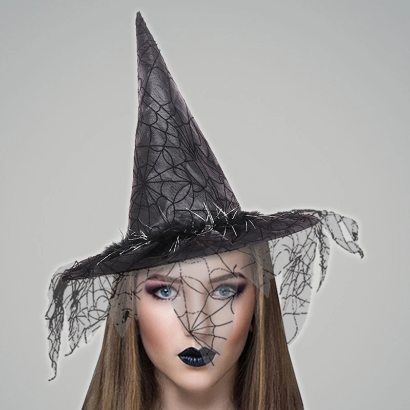 

Witch Hat With Veil Wizard Hat Magican Hat Halloween Cosplay Cool Gift DXAA