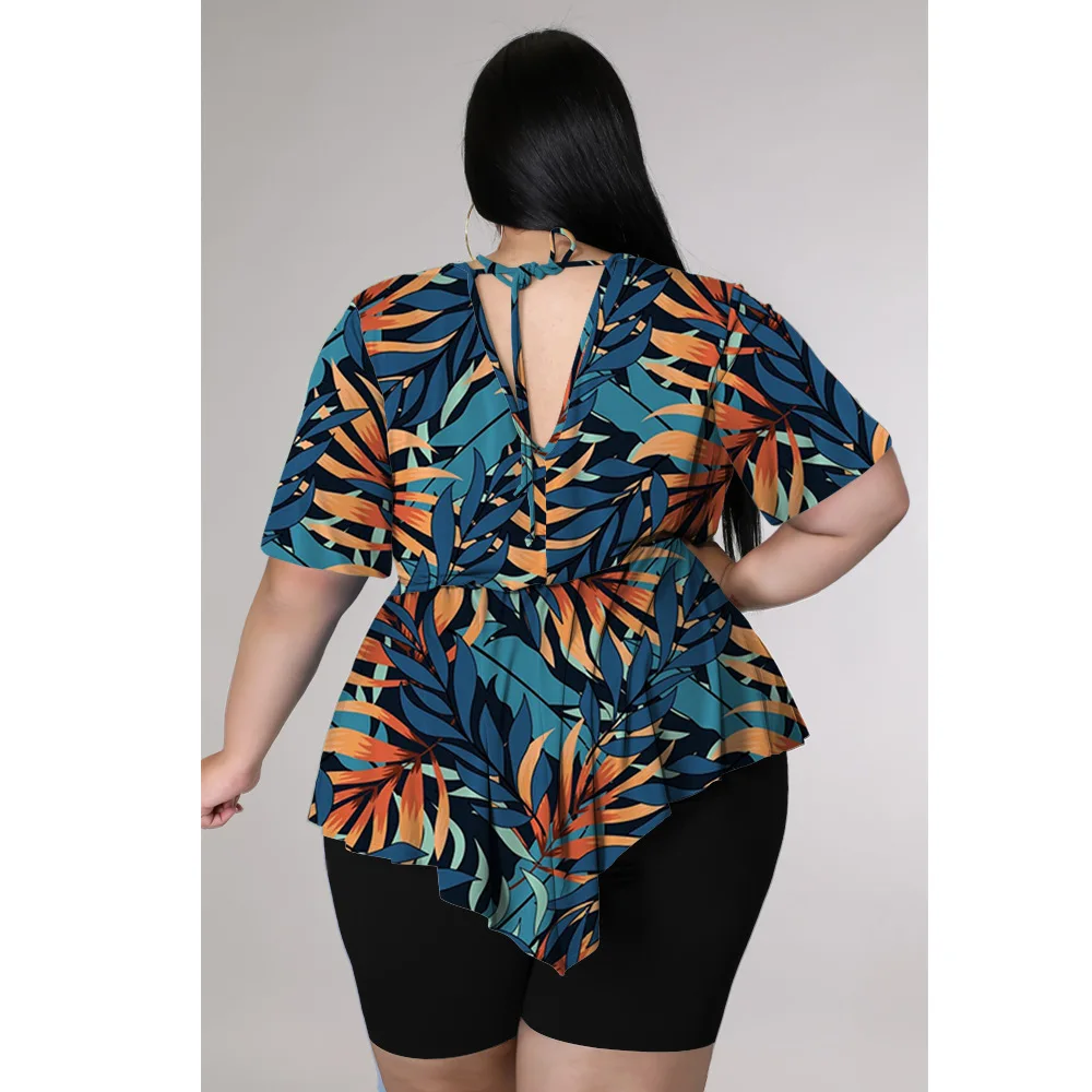 Plus Size Women 4xl Set Leaf Print Tops And Solid Pants 2022 Summer Two Piece Sets Lady Sweatshirt Female Tracksuit Wholesale