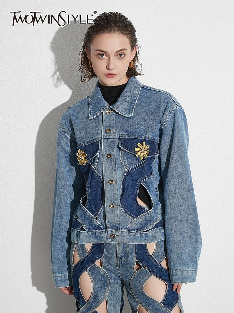 

TWOTWINSTYLE Colorblock Hollow Out Patchwork Metallic Flower Denim Coats For Women Lapel Long Sleeve Casual Jackets Female New