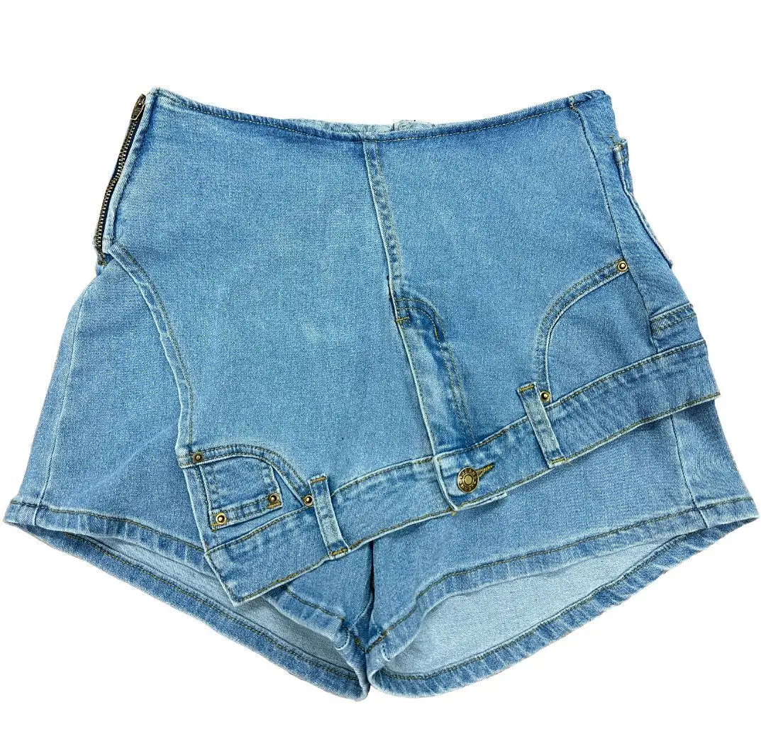 Women Fashion Stretch Denim Pocket Front Asymmetrical Mini Skirt Shorts 2023 Streetwear INS Vintage Short Jeans