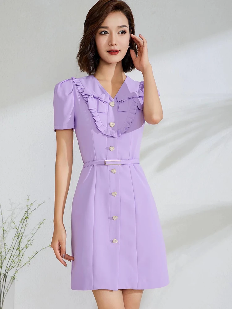 

Red RoosaRosee V-neck Collar Ruffles Bead Buttons Bow Short Sleeve Purple Dress Female Designer 2022 Summer Vestidos Robe Femme