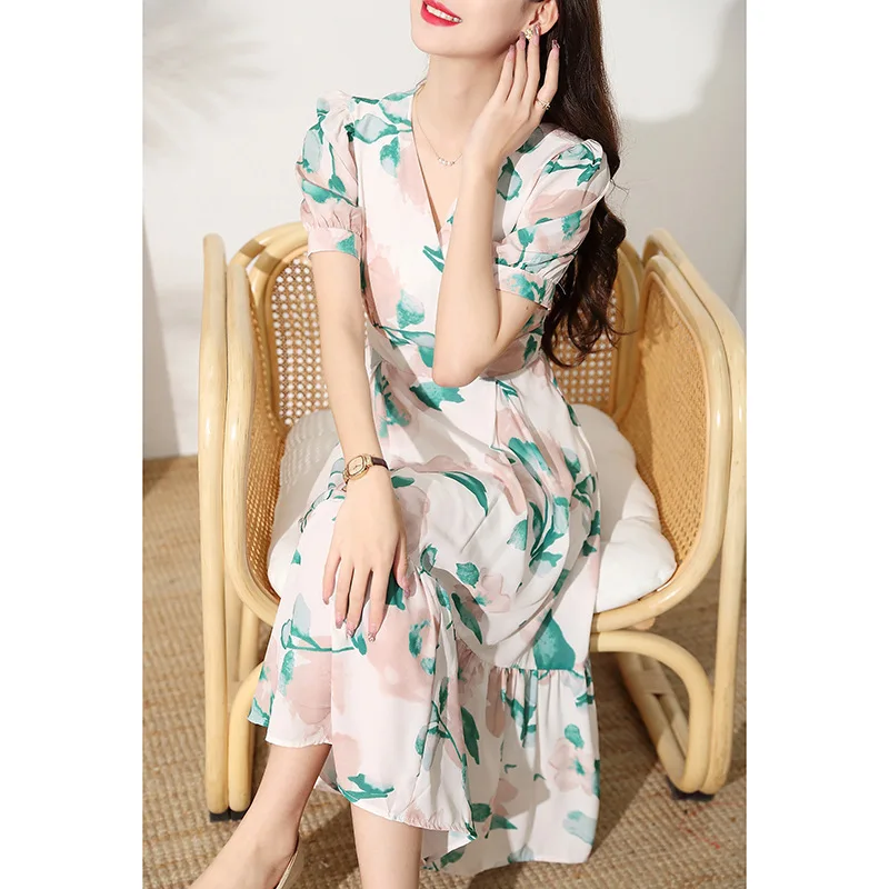 

Шифоновые платья с принтом для женщин в стиле Хепберн Mori Girl Милые приталенные женские платья до колен с V-образным вырезом и коротким рукавом высокого качества