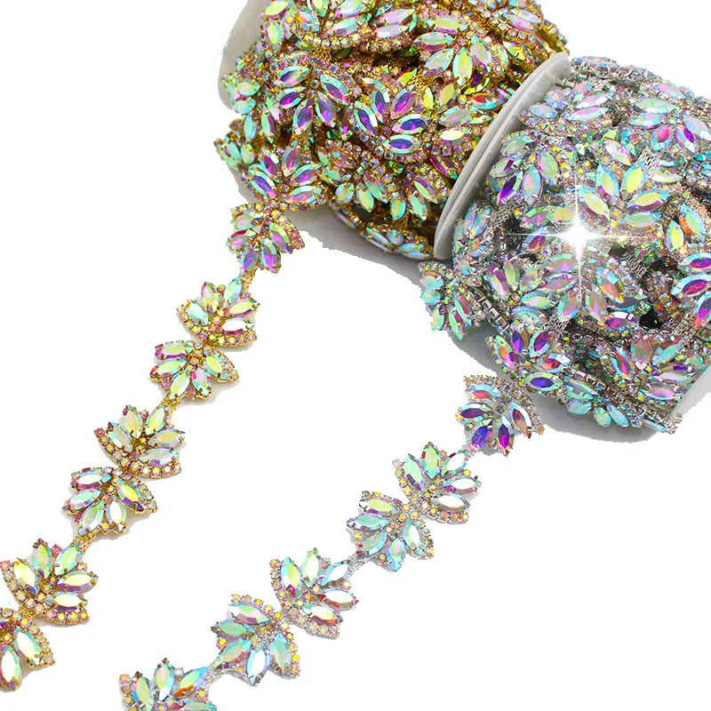 

Width 3.6 cm 1/Yard butterfly flower Bow AB Glass Gold Silver Rhinestone Trim AB Crystal Chain Shoes Bag Decoration Accessories
