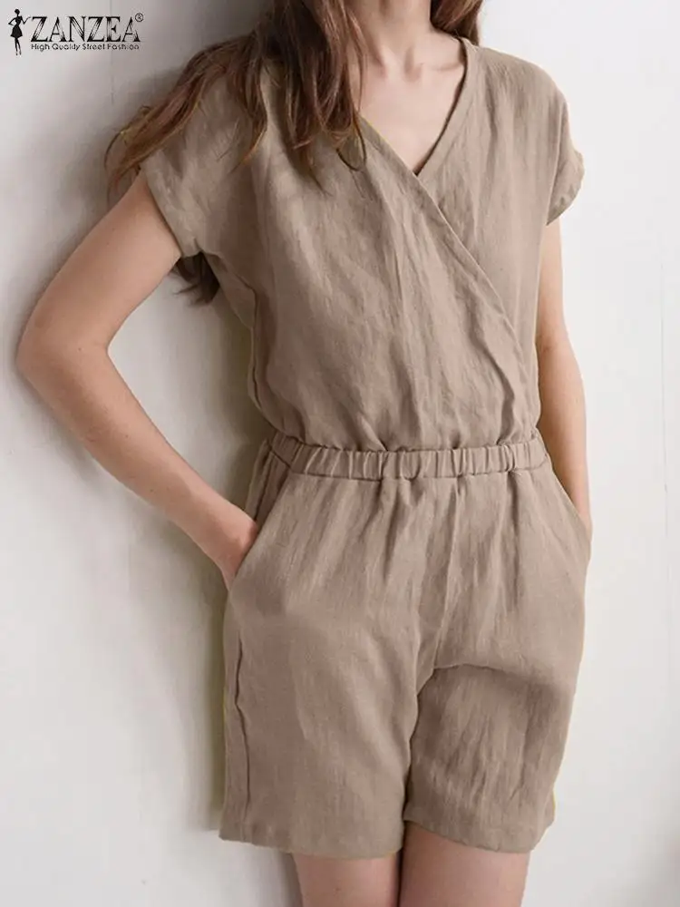 

New Summer Overalls For Women ZANZEA 2022 Short Sleeve Female V Neck Jumpsuit Playsuits Elegant Vacation Rompers Oversized