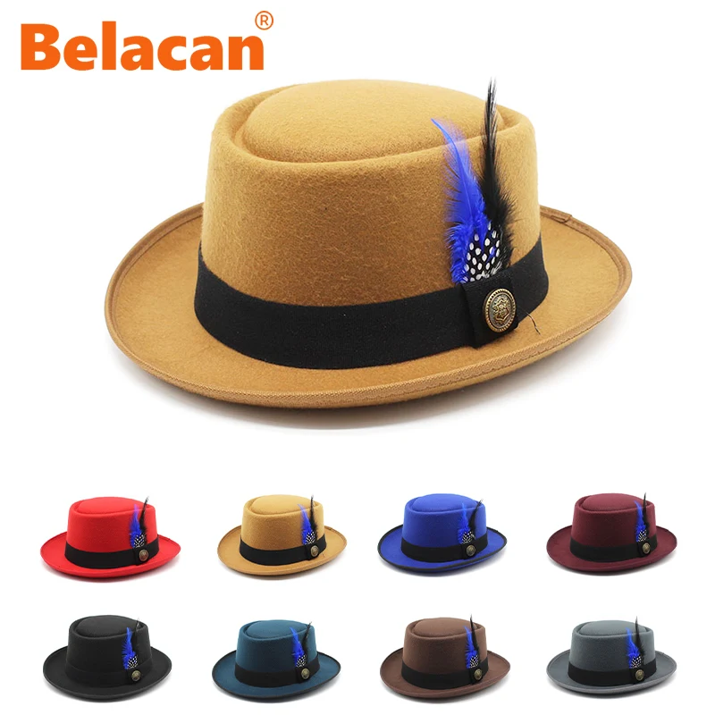 

Fashion Women Men Pork Pie Hat Wool Flat Fedora Hat Lady Trilby Caps Gentleman Panama Jazz Party Feather Wide Brim Hat For Men