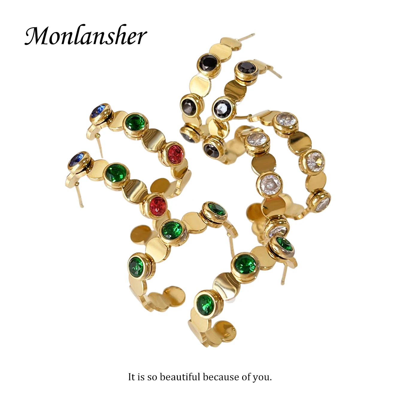 

Monlansher Multicolor Round Zircon Gold Open Hoop Earrings for Women Popular 18K Pvd Plated Stainless Steel Earring High Quality