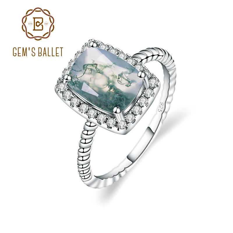 

GEM'S BALLET 1.78Ct 6x8mm Cushion Moss Agate Halo Engagement Rings 925 Sterling Silver Stripes Promise Ring Gift For Her