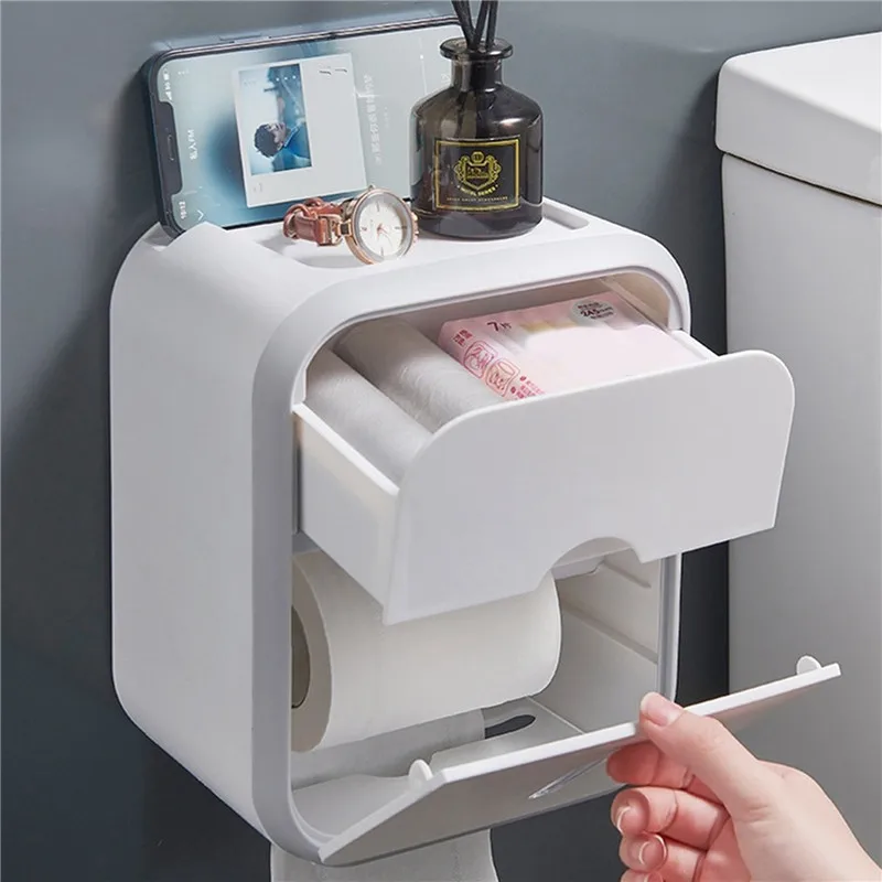 

Double Layer Paper Holders Waterproof Home Tissue Box With Drawer Wall Mounted Toilet Sanitary Napkin Box Roll Paper Shelf Tube