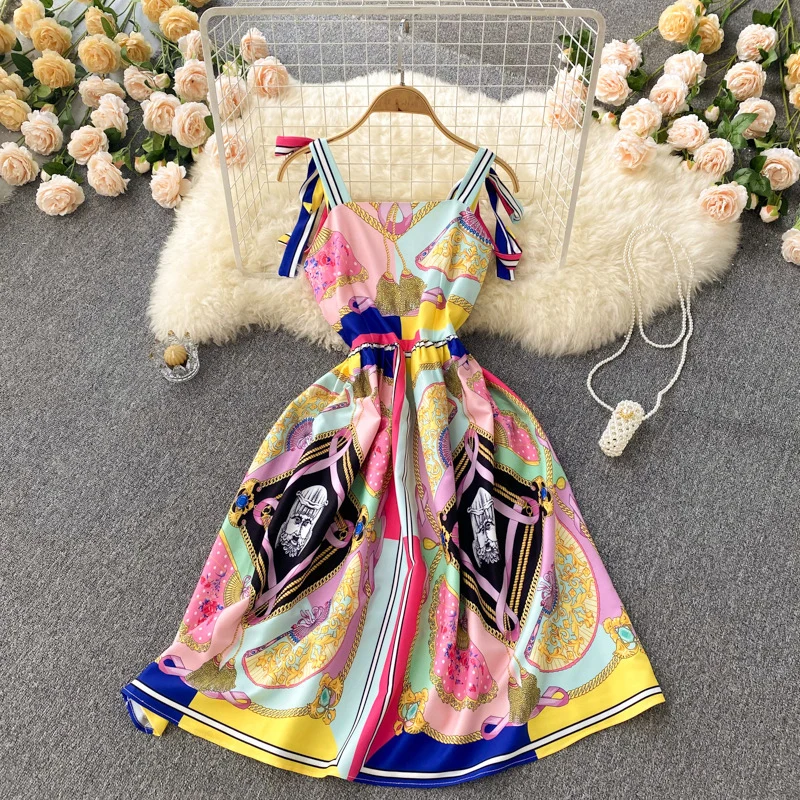 

Female Palace Style Midi Dress Retro Floral Starfish Print Sleeveless Dress 2022 Fashion Women Wear Clothes Outfits robe fille