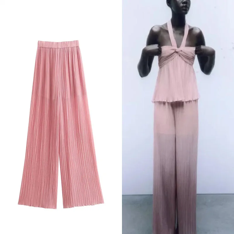 

Комплект из 2 предметов для женщин, плиссированные Широкие штаны, розовые свободные брюки с высокой талией + женские шифоновые комплекты с лямкой на шее и воротником без рукавов