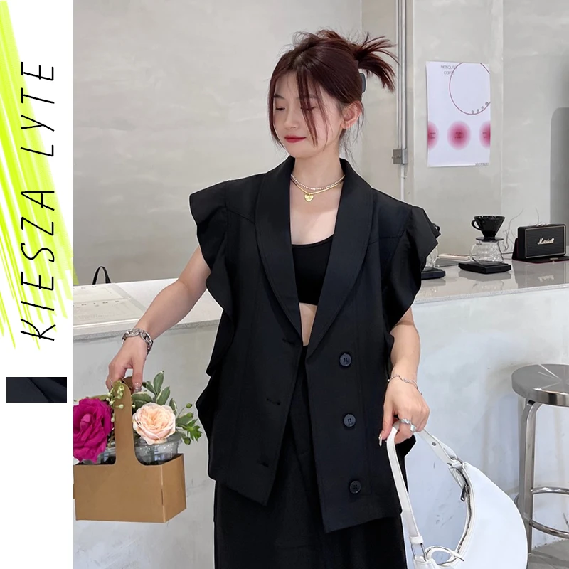 

Summer New Korean Loose Black Vest Coat Women's Flounces Fashion Sleeveless Elegant Top