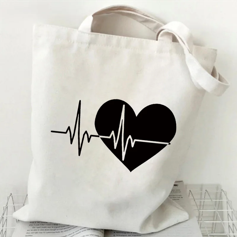 

Холщовые сумки-тоуты, женская сумка-шоппер Love ECG Kawaii, многоразовые сумки для покупок, большие сумки, Повседневная сумка через плечо для женщи...