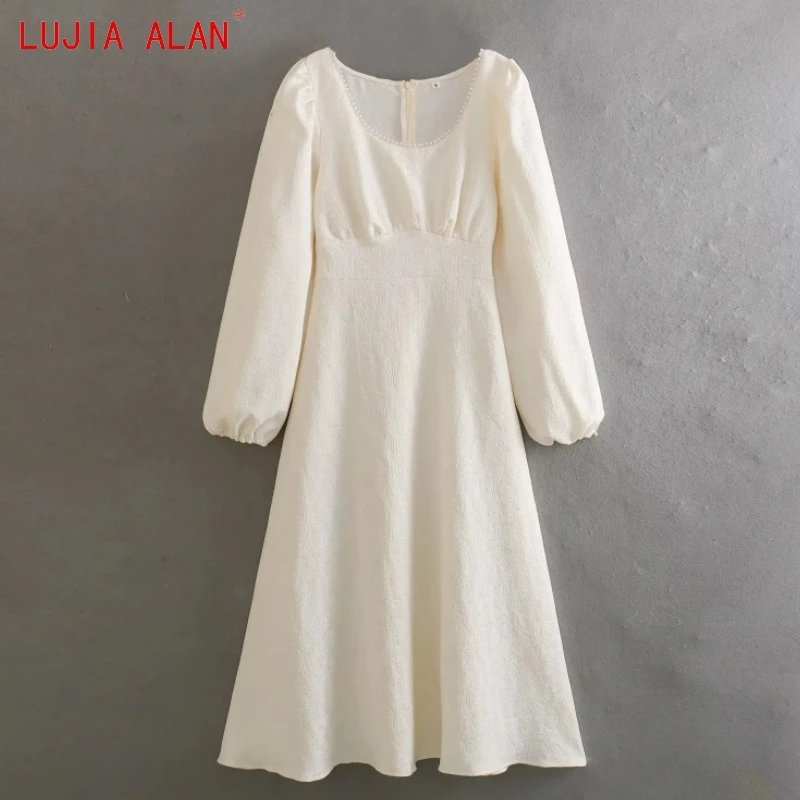 

Осеннее Новое Женское жаккардовое платье миди с украшением из искусственного жемчуга, женские повседневные свободные платья LUJIA ALAN WD3557