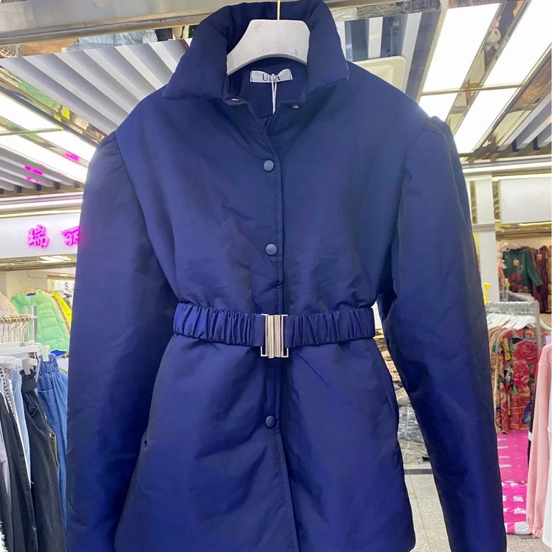 Autumn and Winter Puff Sleeve Waist Parka Coat Retro Lapel Tie Short Casual Bread Jacket Elegant Temperament Cotton Jacket