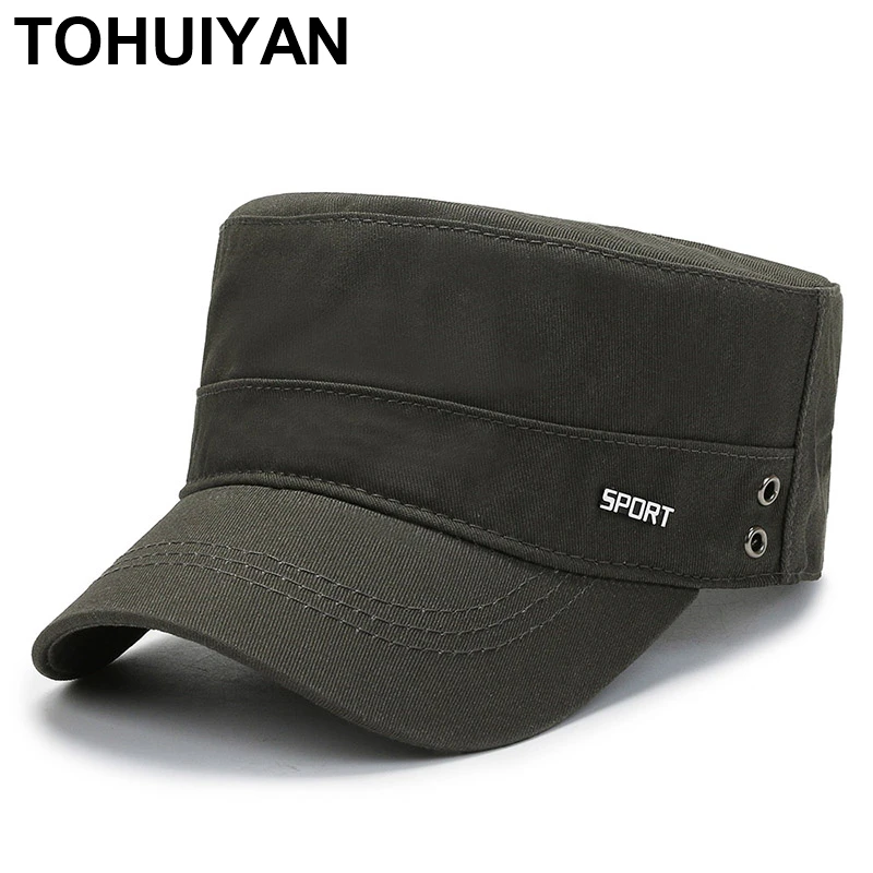 

TOHUIYAN Men Military Cap Street Flat Top Hat Spring Summer Patrol Bush Hats Outdoor Sun Protection Cadet Army Caps for Women