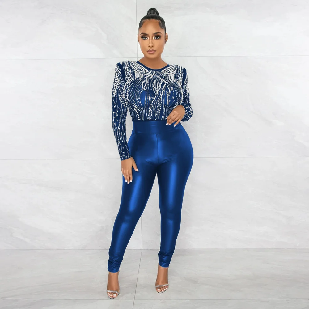 

Women Diamonds Hot Rhinestones Mesh Patchwork High Waist Jumpsuit Street 2023 Sexy One Piece Suit Playsuit