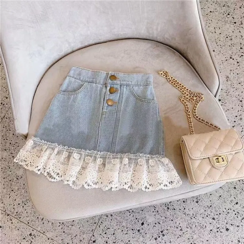 

2023 Summer Girls Casual Skirts Jeans Baby Girl Sweet Lace Denim Skirt Fashion Kids Girls Party Skirt 2-10Years Children Clothes