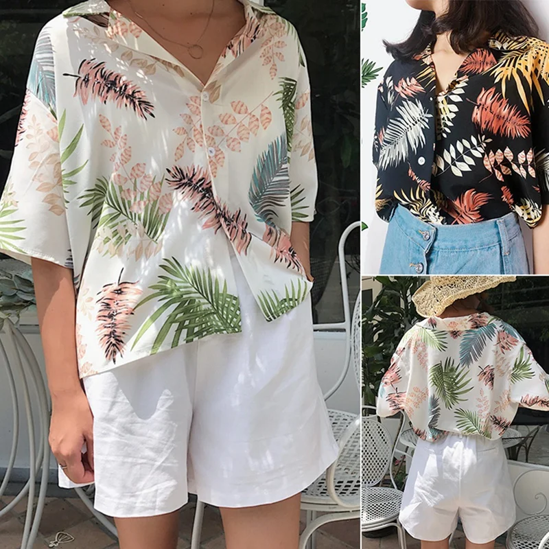 

Hawaii Blouse Women Shirt Tops Femme Elegant Chiffon Blouse Shirt Summer V-Neck Leaf Print Shirts