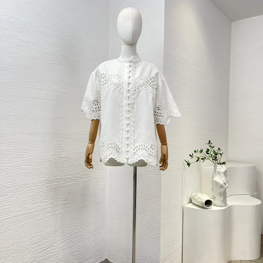 2024 новая высококачественная однотонная белая блузка с короткими рукавами и