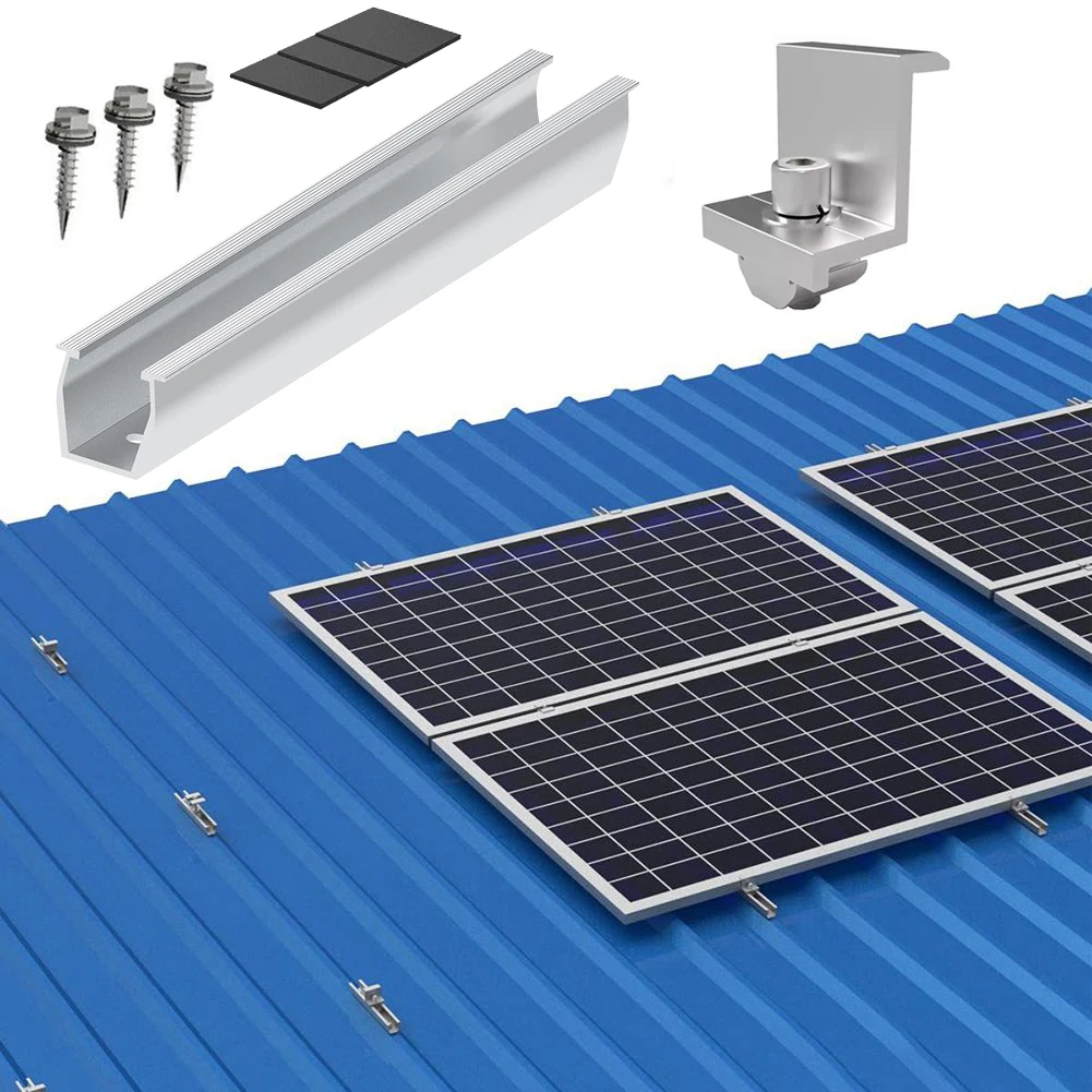 

Solar Panel Module Aluminum Bracket Rail Fastening Rail Trapezoidal Roof Mount Solar Module Panel Mounting Rail Clamp Kit