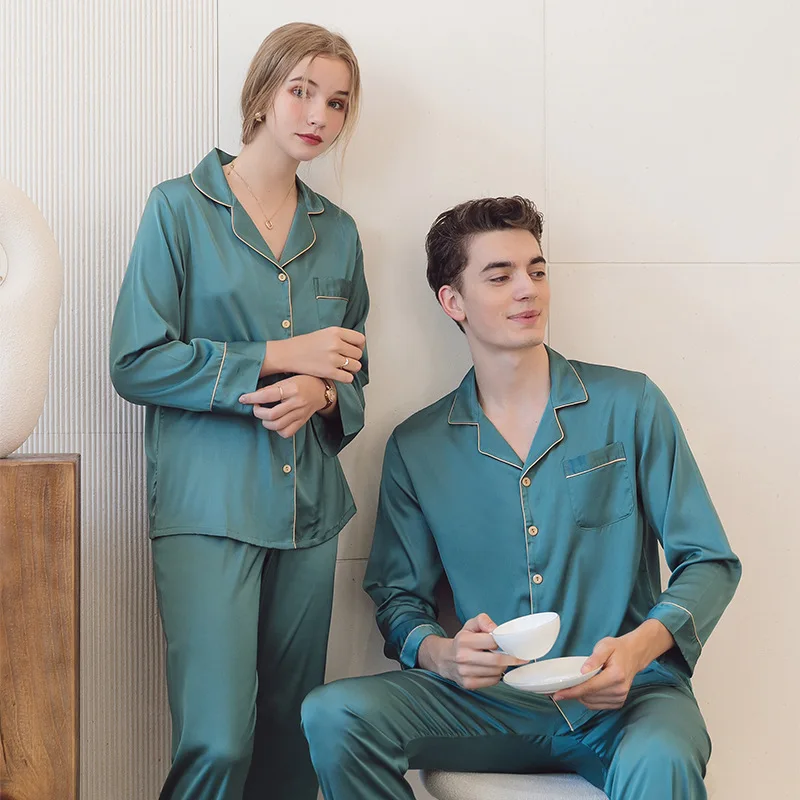 Ice Silk Couple Pajamas Women's Spring and Summer Long Sleeve Cardigan Lapel Set Fashion Large Size Loungewear Men Sleepwear