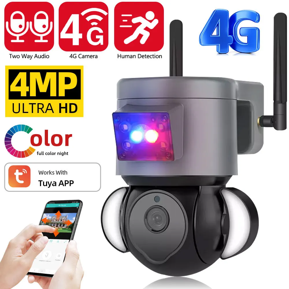 

Tuya APP 4G Camera Floodligt PTZ Camera Dome 2K 4MP Wireless 4G SIM Card IP Camera Security Outdoor CCTV P2P IR Night Vision 40M