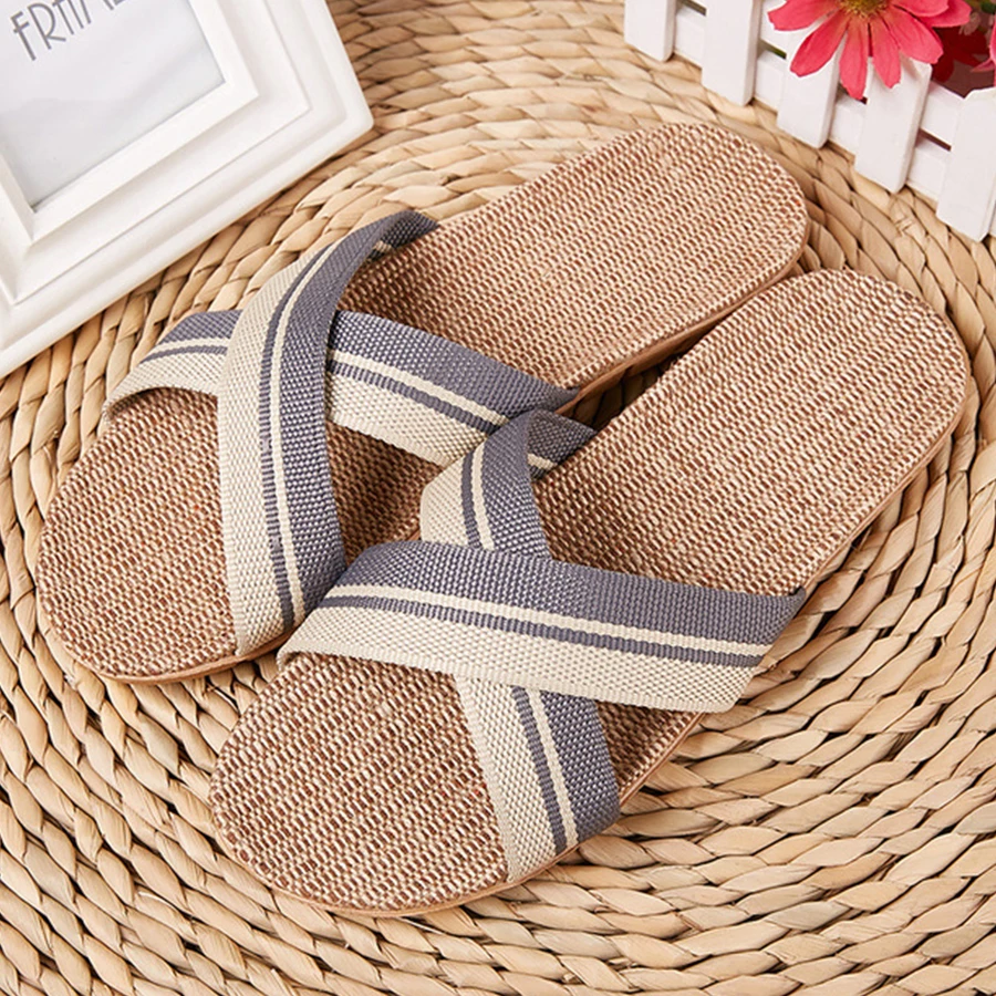 

Topvivi Men Home Shoes Flip Flops New Linen Beach Slippers Man Indoor Bathroom Slides Unisex Family Slippers Large Size 35-45