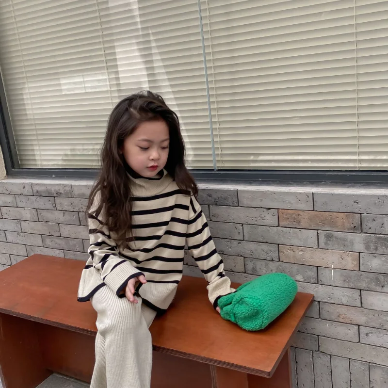

Autumn Winter Children Sets Kids Clothes New Style Striped Turtleneck Sweater and Wide Leg Pants Casual Set Girls Clothing 5-12y