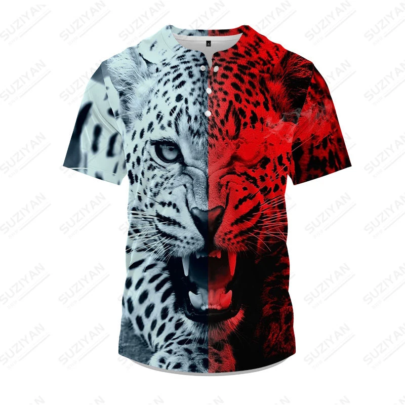 

Men's Short Sleeve T-shirt Button Loose Top Casual Fashion Harajuku 3D Print Wildlife Leopard Overwhelming T-shirt Top SummerNew