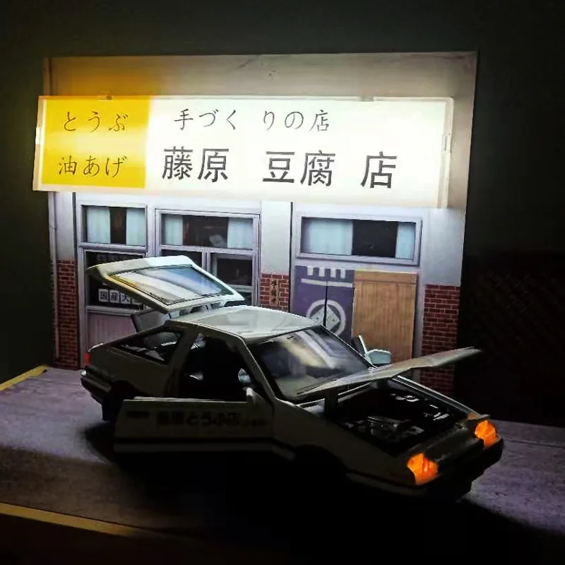 

DIY 1:28 Anime Initial D Ae86 Metal Car Modle Shop Background Scenery Vehicle Scene GTR Display Box Parking Lot Toys for Childre