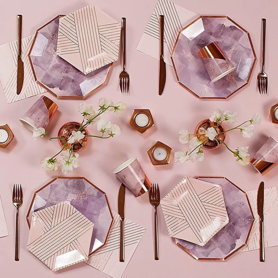 1 набор розовая бумага одноразовая посуда позолоченный полосатый стол Декор