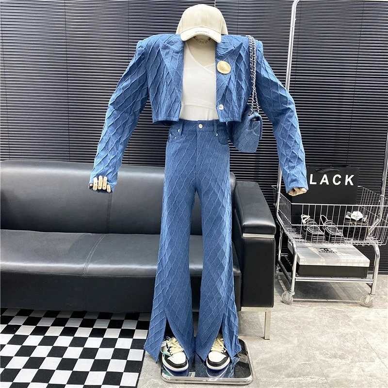 

Vintage Argyle Short Black Denim Jacket 2022 Fall New Loose Wide Leg Jeans Pants Tracksuits Plaid Outfits