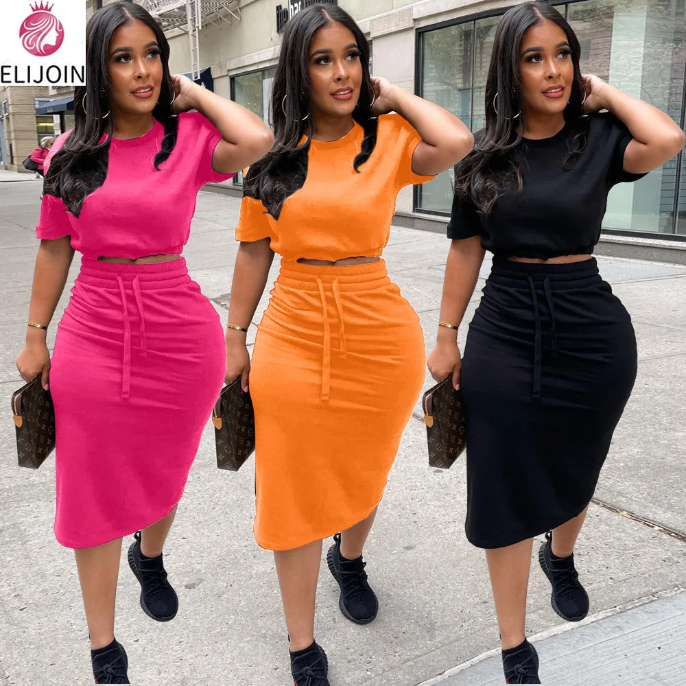 

ELIJOIN Casual Two-piece Skirt Suit Solid Color Personality Strap Split Short Sleeve Skirt Short Navel Top and Long Skirt