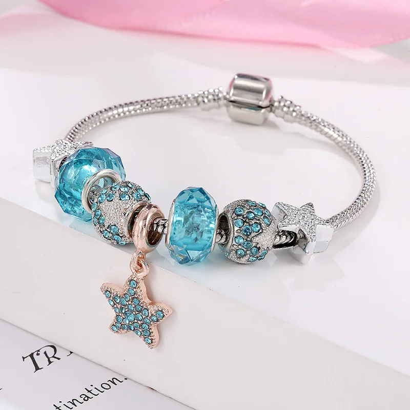 New Starfish Pendant Bracelet Female Star Point Diamond Beaded Diy Bracelet Female Blue Glass Jewelry Female