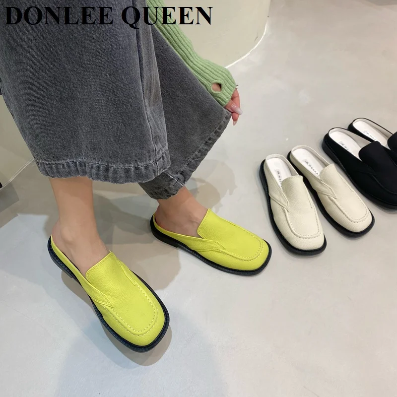 

Women Close Toe Slippers Solid Color Flat Thick Bottom Sole Mule Casual Loafer Shoes Outdoor Slide Female Flip Flops Green Mujer