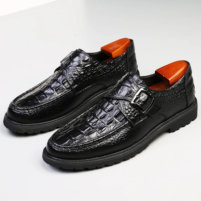 

Leather Shoes Crocodile Pattern Classic Style Men‘s Loafers Wedding Business Buckle Strap Slip on Pointed Toe Black Formal Shoes