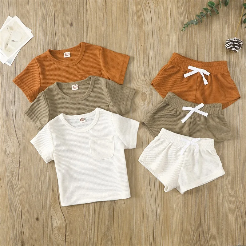 

Infant Two-piece Waffle Print Set Solid Color Round Neck Short Sleeve Tops and Elastic Waist Shorts Outfit