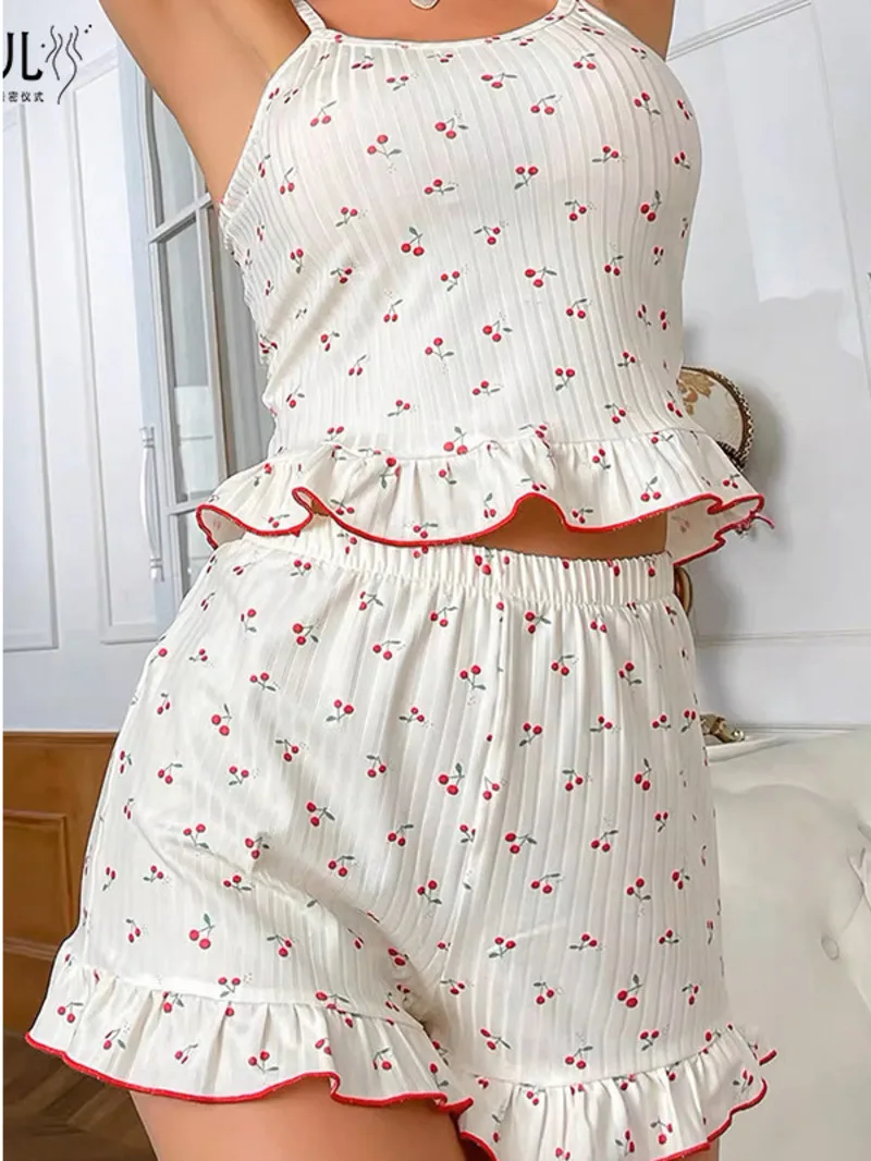 2024 Новый вишневый камзол с принтом домашний сексуальный сладкий комплект