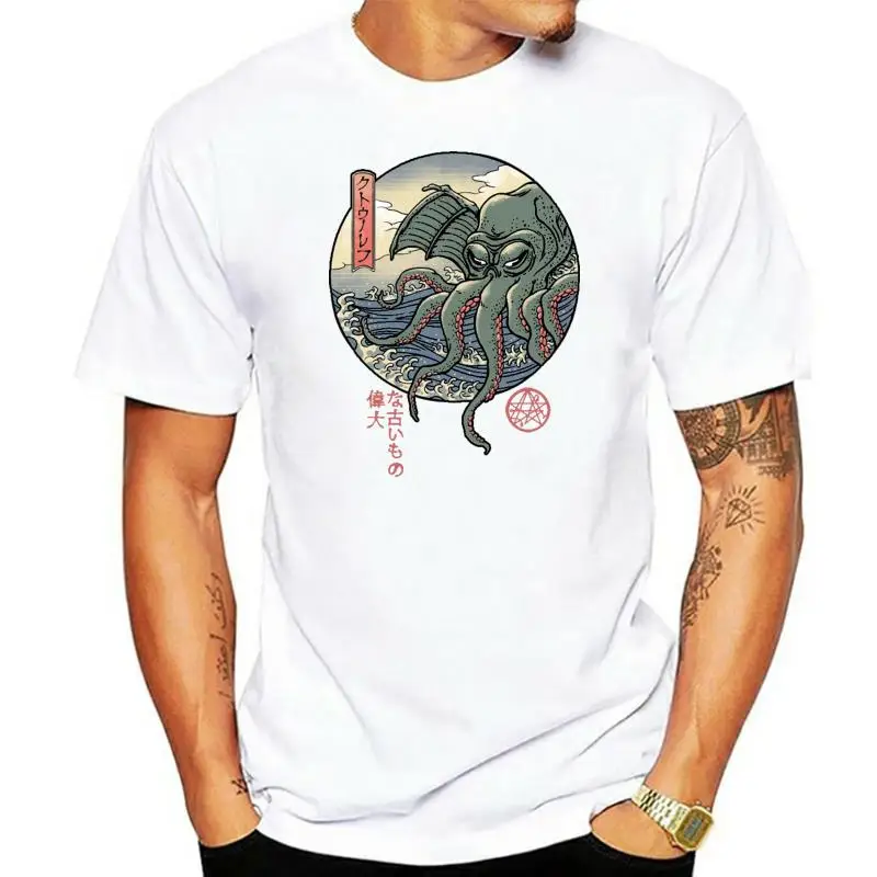 

Cthulhu TShirt The Great Wave Of Kanagawa Japanese Style T Shirt Tees Mashup Men Cotton O-neck T-shirt