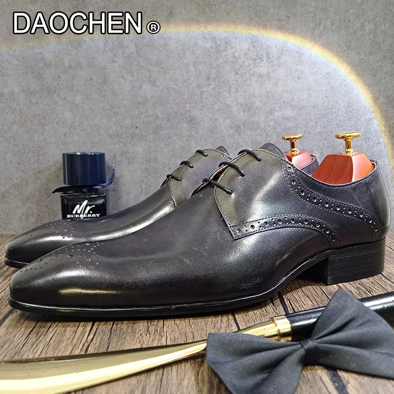 LUXURY MEN REAL LEATHER SHOES BLACK BROWN LACE UP POINTED DERBY OXFORDS HAND POLISH MAN SHOE WEDDING OFFICE FORMAL SHOES FOR MEN