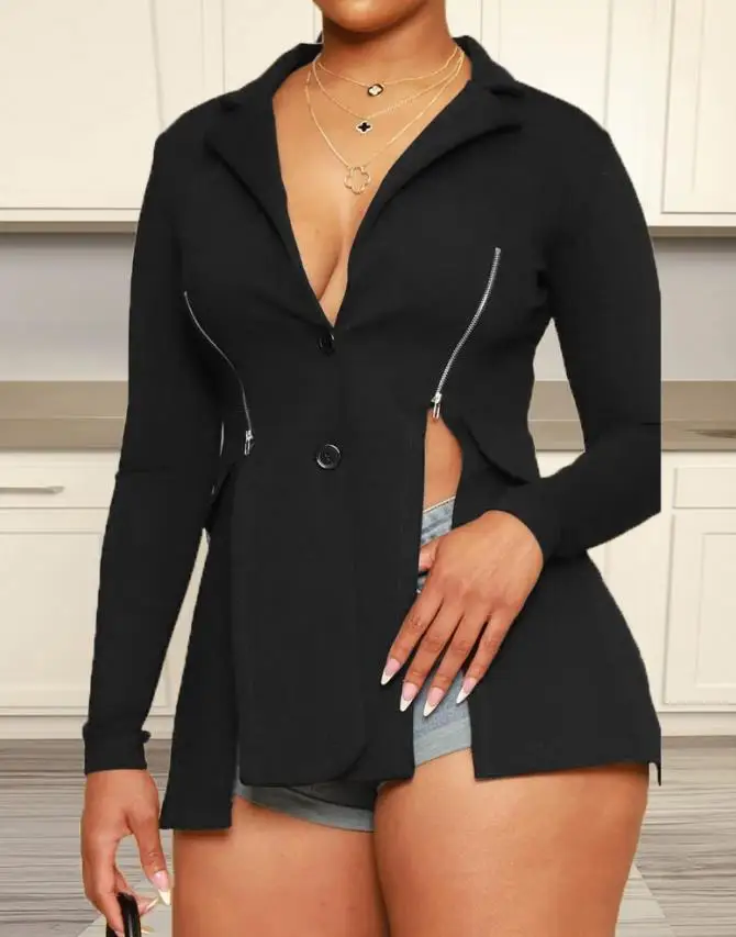 

Женский блейзер на молнии, элегантный пиджак с длинным рукавом и разрезом в европейском и американском стиле для офиса, осень 2022