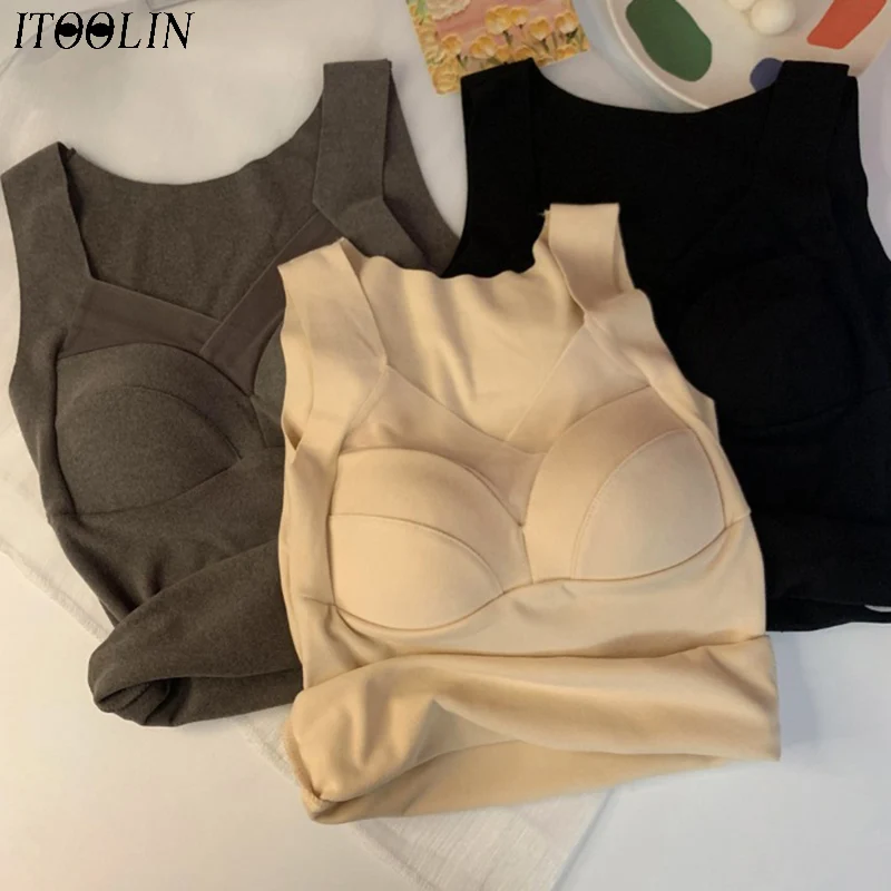 

Зимние женские утепленные бархатные майки ITOOLIN, облегающий бесшовный бюстгальтер, нижнее белье с подкладкой, Плюшевые Теплые Топы, обтягива...