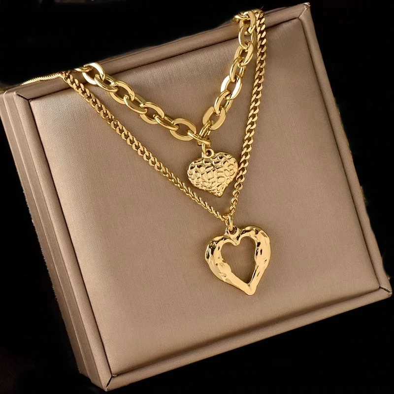 

316L Stainless Steel Small Uneven Folds 2 Love heart Necklace High-end Sense Party Accessories Non-fading High-quality for women