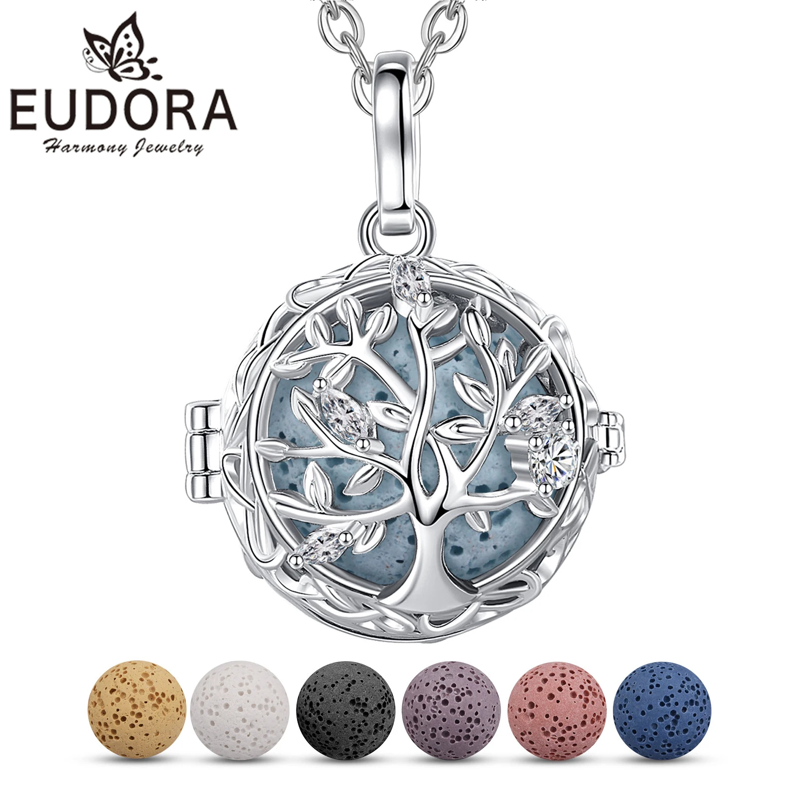 

Eudora New 18mm Tree of Life Cage Pendant Necklace Volcanic Lava Stone Aromatherapy Locket Diffuser Fine Jewelry Gifts For Women