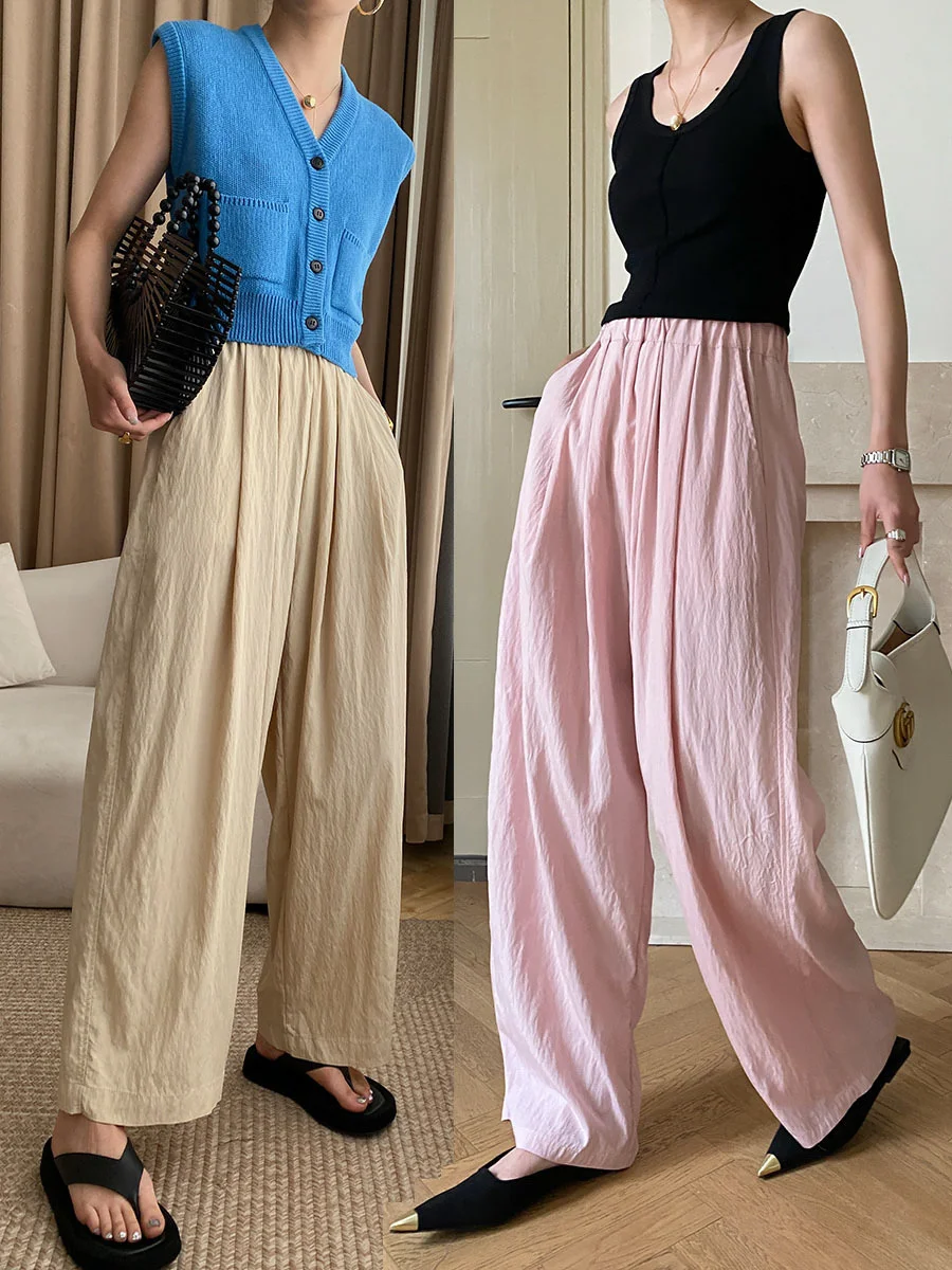 

2023 розовые плиссированные широкие брюки с эластичным поясом, женские свободные штаны в Корейском стиле для ходьбы, повседневные драпированные свободные брюки