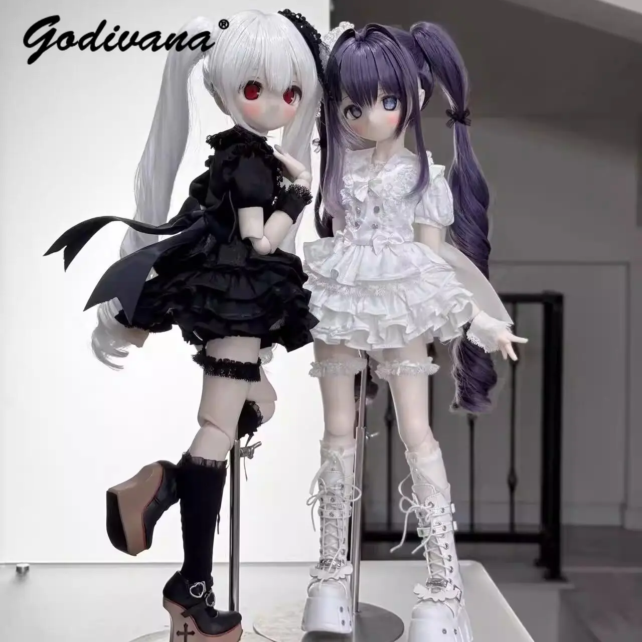 Фото Темный готический костюм для куклы Лолиты 1/4 BJD MDD: черное кружевное платье принцессы с рюшами, комплект с повязкой на голову и подвязками на бедрах №1