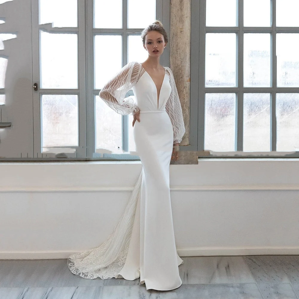 

Satin Wedding Dresses 2022 V-Neck Long Puff Sleeves Mermaid Bridal Gowns Backless Lace Appliques Sweep Train Vestido De Noiva