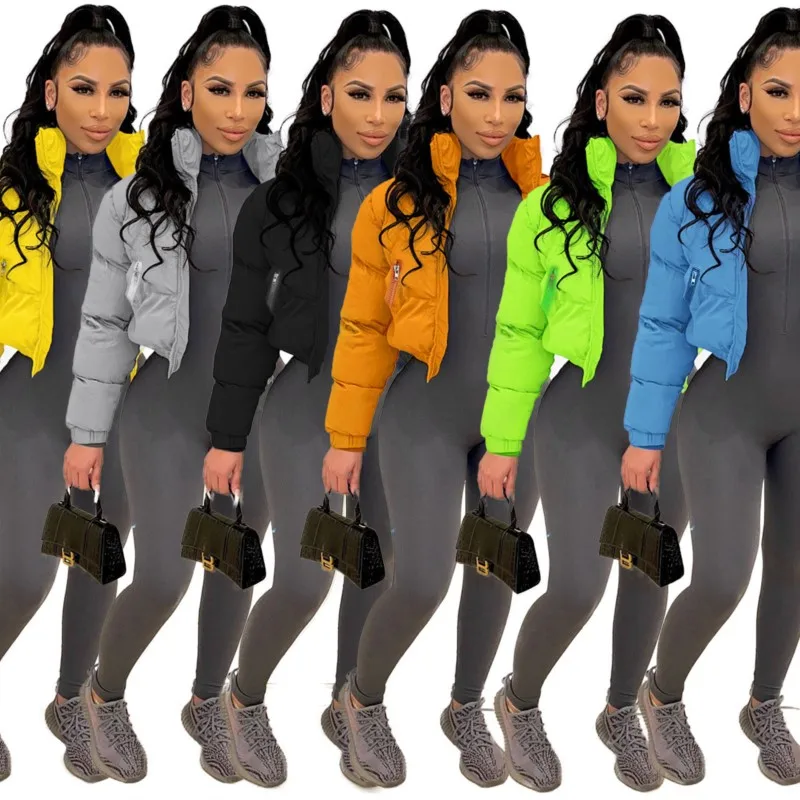 Winter Women Padded Jacket Casual Candy Color Stand-up Collar Zipper Short Windbreaker Long-sleeved Coat Top Clothes Street 2023