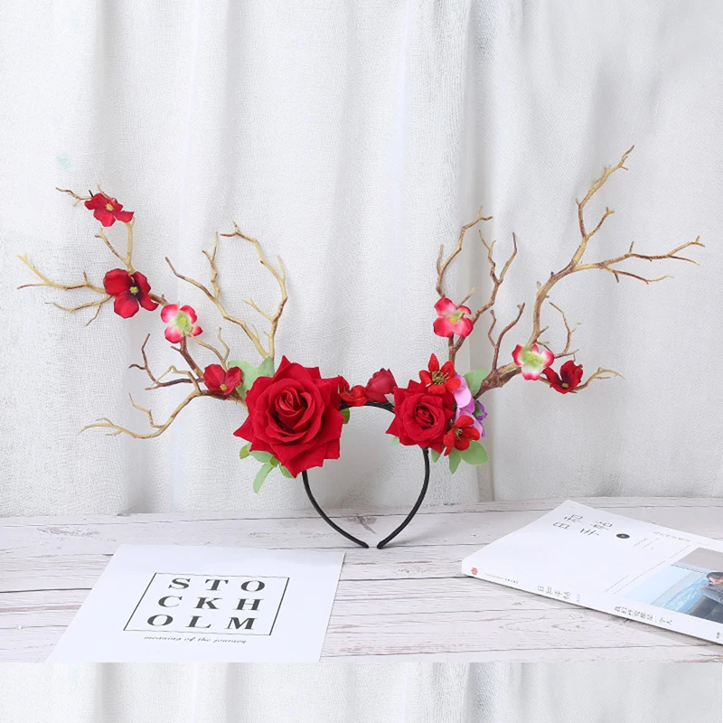 

Christmas Elk Headpiece Headband Women Girls Cartoon Floral Flowers Antlers Headwear Gift Princess Photo Cosplay Ornament