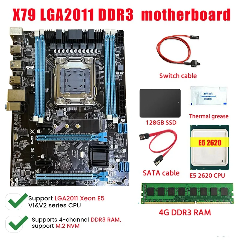 

HOT-X79-288 LGA2011 4XDDR3 Slot M.2 NVME Motherboard+E5 2620 CPU+4G DDR3 RAM+128G SSD+Switch Cable+SATA Cable+Thermal Grease